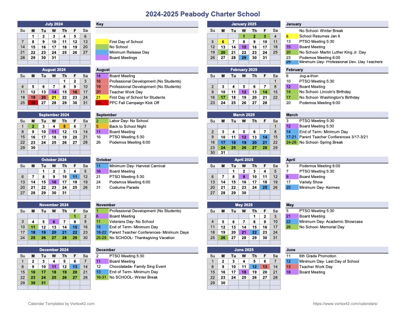 Peabody Charter's 2024 2025 academic school calendar